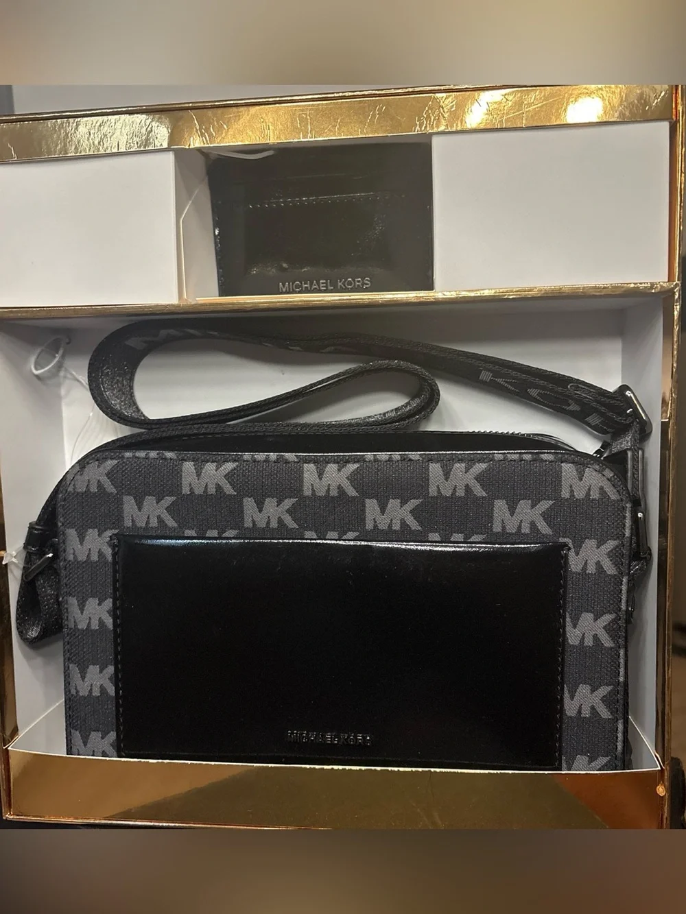 Michael Kors Black MK Logo Crossbody Messenger Bag with Glossy Pocket